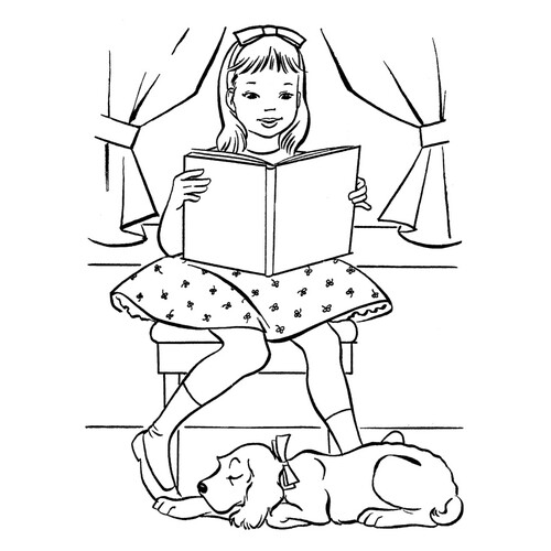 Раскраска Собака спит, пока девочка читает книгу