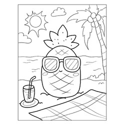 Раскраска Ананас в солнечных очках на пляже