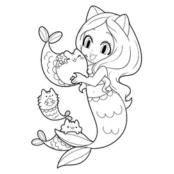 Раскраска Девочка русалка и её кот