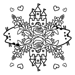 Раскраска Кот Пушин, замки и розы