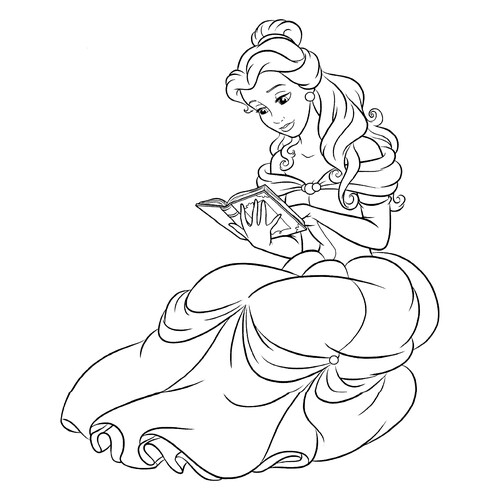 Раскраска Принцесса Белль читает книгу