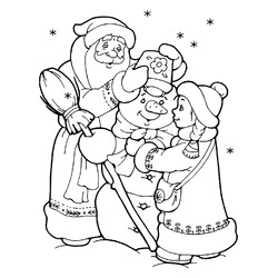 Раскраска Дед Мороз и Снегурочка лепят снеговика