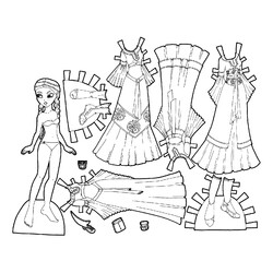 Раскраска Черно-белая бумажная кукла с древними платьями