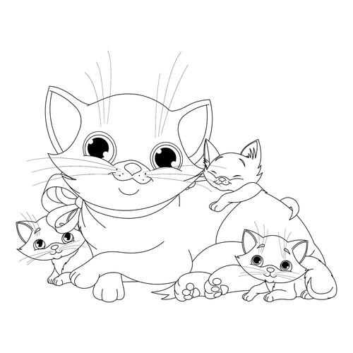 Раскраска Мама кошка и котятки