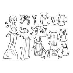 Раскраска Чёрно-белая бумажная кукла с модной одеждой