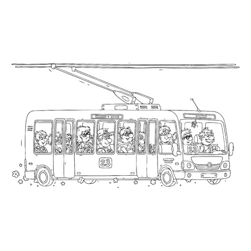 Раскраска Весёлый троллейбус с пассажирами