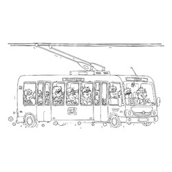 Раскраска Весёлый троллейбус с пассажирами