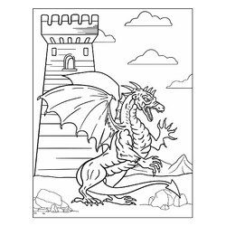 Раскраска Свирепый дракон охраняет замок