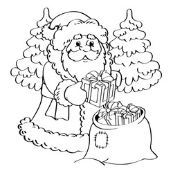 Раскраска Дед Мороз с мешком подарков в лесу