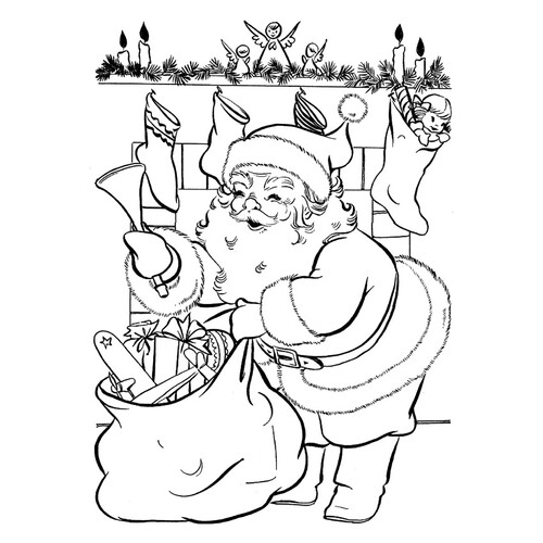 Раскраска Санта Клаус раскладывает подарки