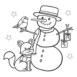 Раскраска Снеговик с птичкой и лисичкой