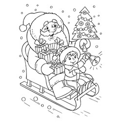Раскраска Дед Мороз на санях с мальчиком