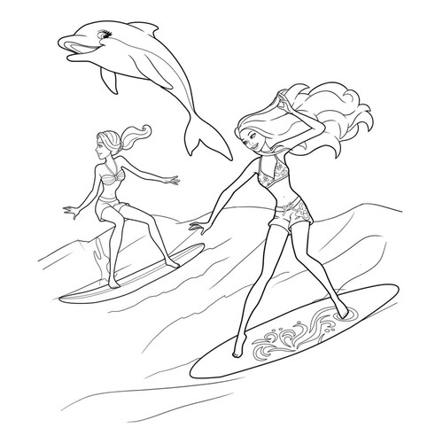 Раскраска Серфинг с Барби