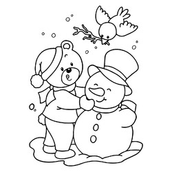 Раскраска Снеговик, мишка и птичка