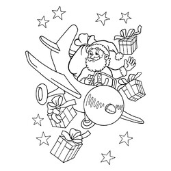 Раскраска Дед Мороз на самолёте с подарками