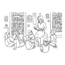 Раскраска Учительница читает детям