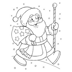Раскраска Дед Мороз шагает с мешком подарком