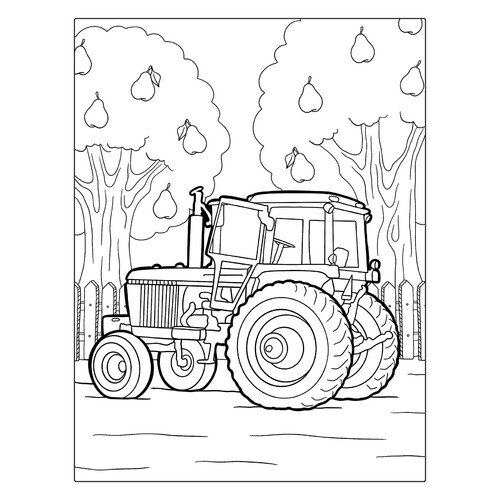 Раскраска Трактор возле деревьев с грушами