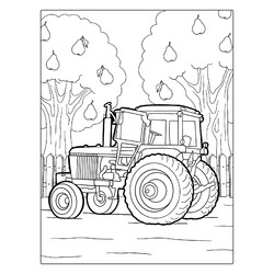 Трактор возле деревьев с грушами