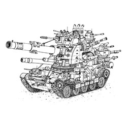 Раскраска Вымышленный танк с кучей пушек