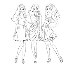 Раскраска Подружки Барби в нарядных платьях