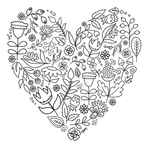 Раскраска Минималистичное сердечко с цветочками