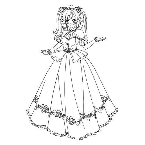 Раскраска Грациозная аниме принцесса в бальном платье