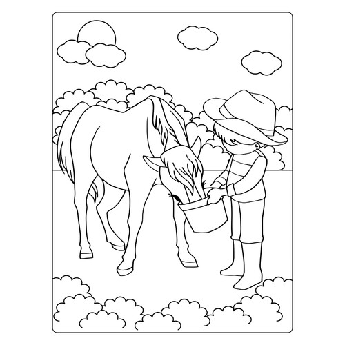 Раскраска Ребенок кормит лошадь