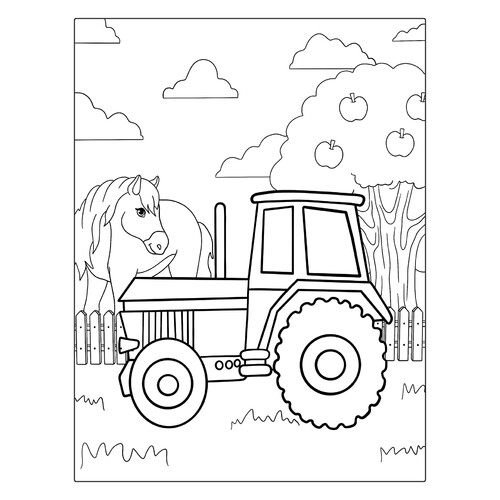 Раскраска Простой трактор и лошадка
