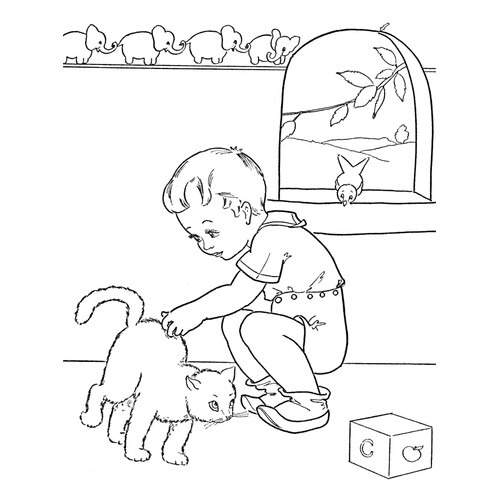 Раскраска Мальчик гладит кота