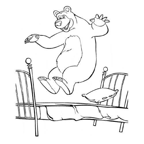 Раскраска Медведь прыгает на кровати