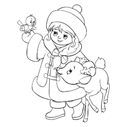 Раскраска Снегурочка с оленёнком и птичкой