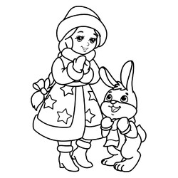 Раскраска Снегурочка с зайчиком для малышей