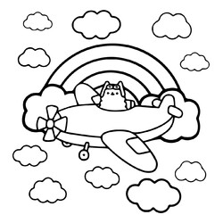Раскраска Кот Пушин в облаках и радуга
