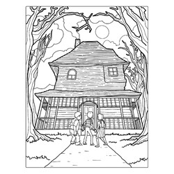 Раскраска Трое ребят перед домом с привидениями