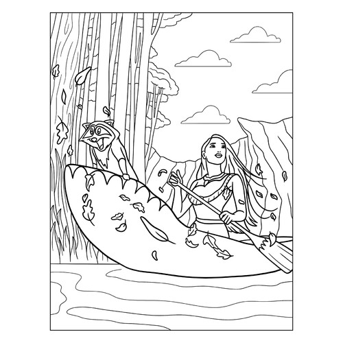 Раскраска Покахонтас и Мико на каноэ