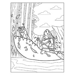 Раскраска Покахонтас и Мико на каноэ
