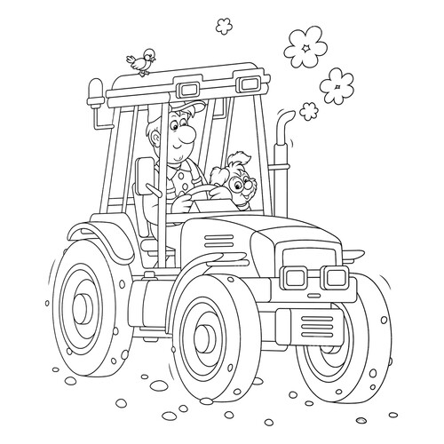 Раскраска Тракторист с собакой на тракторе