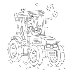 Раскраска Тракторист с собакой на тракторе