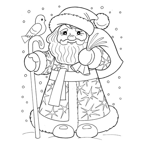 Раскраска Дед Мороз выходит из леса с подарками