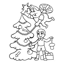 Раскраска Малыш и Карлсон украшают новогоднюю ёлку