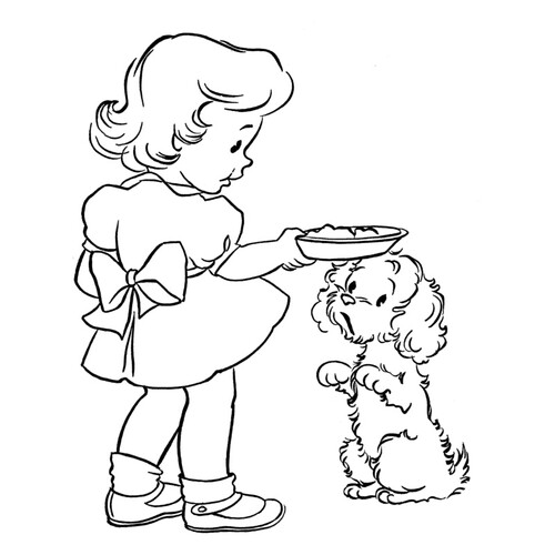 Раскраска Девочка кормит собаку
