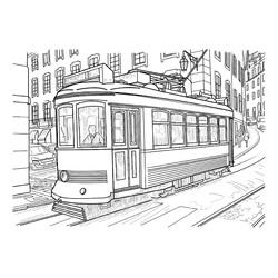 Раскраска Зарисовка трамвай в городе