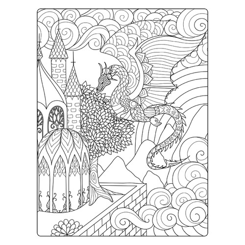 Раскраска Антистресс дракон около замка
