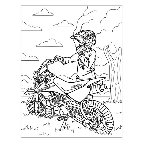 Раскраска Юный байкер и мотоцикл Хонда