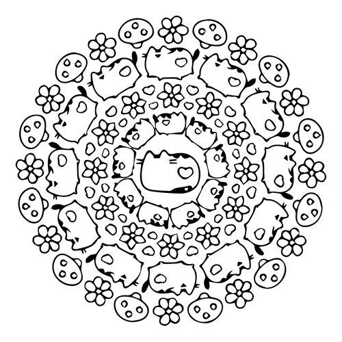 Раскраска Кот Пушин, грибы, цветочки (мандала)