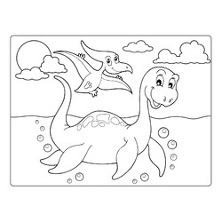 Раскраска Мультяшный Плезиозавр и Птеродактиль