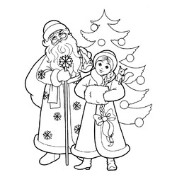Раскраска Дед Мороз и снегурочка возле ёлки