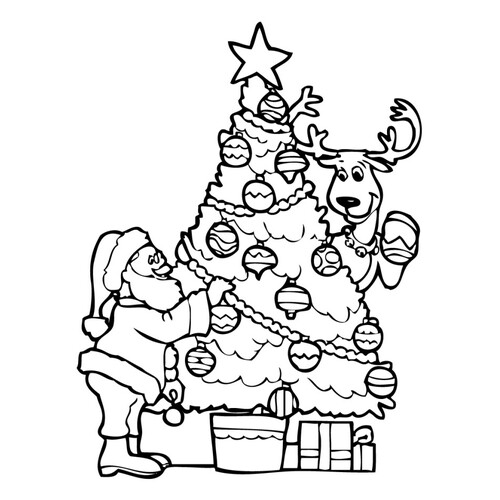 Раскраска Елку украшают Дед Мороз и олень