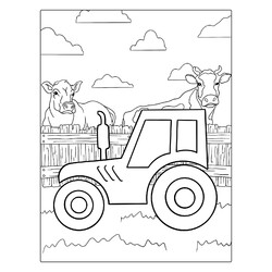 Раскраска Простой трактор и коровы
